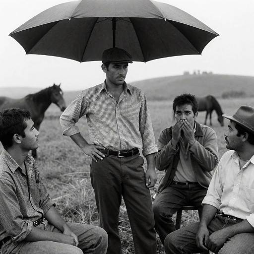 Outdoor Gathering of Four Men in Black and White