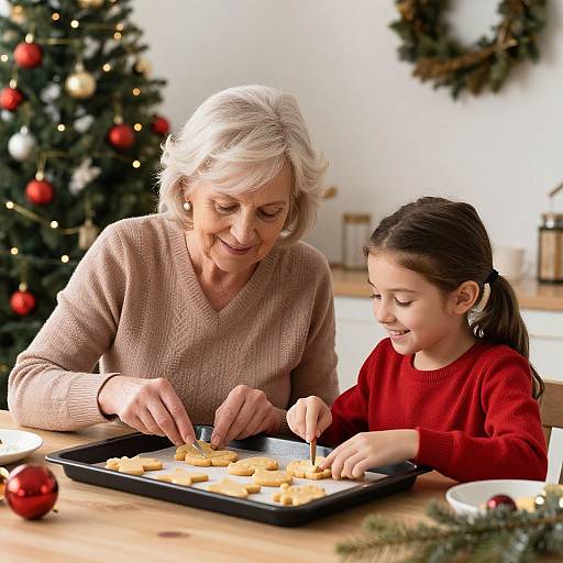 Photograph of an elderly woman with short gray hair and a young girl with brown hair baking Christmas cookies together at a wooden table. Decorated Christmas tree