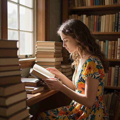 Photograph of a young woman with long brown hair in a colorful floral dress, reading a book in a sunlit library, surrounded by stacked books.