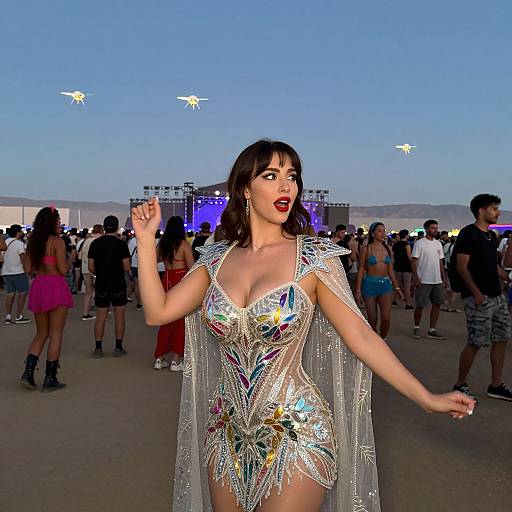 Photograph of a woman with dark hair, red lipstick, and large breasts in a shimmering, mirrored bodysuit and cape, dancing at a