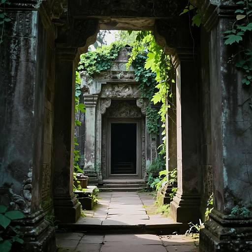 Photograph of a sunlit, ancient stone temple ruin, framed by dark, moss-covered archways, with vibrant green foliage climbing the weathered pillars