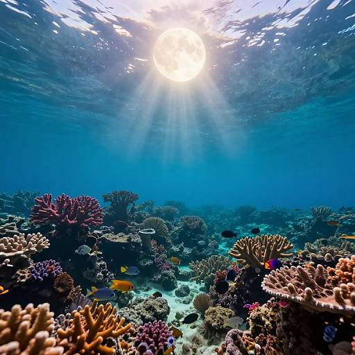 Photograph of underwater coral reef with sunlight rays penetrating the clear blue water, colorful corals, and small fish swimming among them.