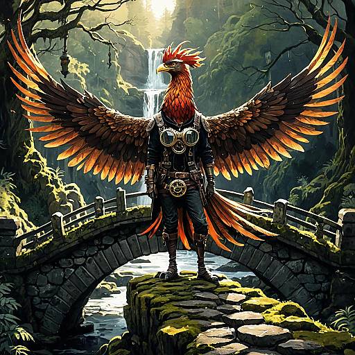 Majestic Steampunk Phoenix on Stone Bridge