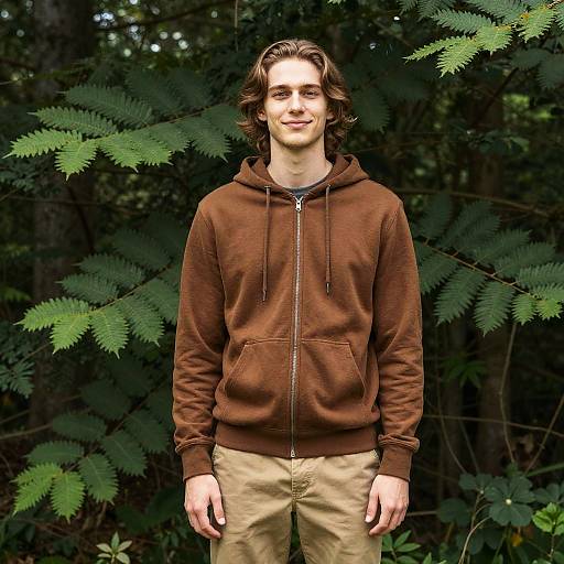 Photograph of a smiling young man with shoulder-length brown hair, wearing a brown hoodie and beige pants, standing in a forest with green fern leaves in