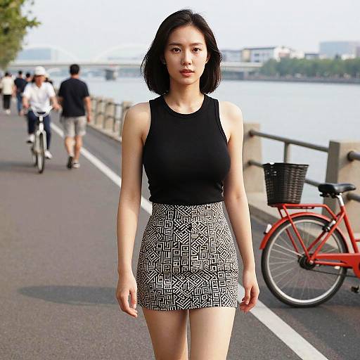Photograph of an Asian woman with short black hair, wearing a black sleeveless top and black-and-white patterned skirt, walking on a riverside