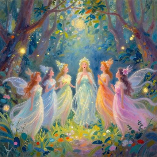 Digital painting of five ethereal, fairy-like women with glowing dresses and wings, surrounded by vibrant forest, enchanted by moonlight.
