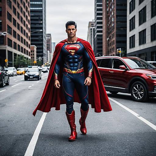 Male Superhero in Red Cape Walking on City Street