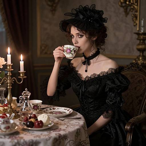 Photograph of a pale-skinned woman in Victorian black lace dress, sipping tea from a floral cup, elegant candlelit room, ornate table