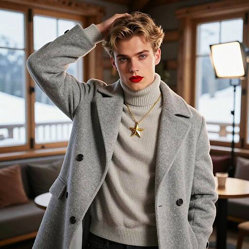 Photograph of a young man with tousled blonde hair, red lipstick, grey coat, white turtleneck, gold star necklace, hand in hair