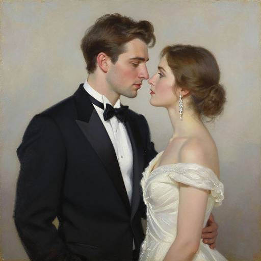 Photograph of a romantic couple in formal attire; he in a black tuxedo, she in an off-shoulder white wedding dress, g