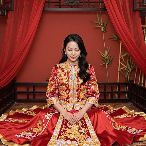 Photograph of an Asian woman with long black hair, wearing an elaborate red and gold traditional Chinese dress, seated against red curtains with bamboo accents.