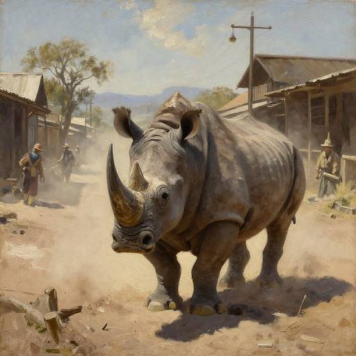 Realistic painting of a large rhinoceros in a dusty, sunlit frontier town with wooden buildings, three men in hats, and a distant