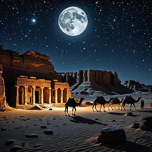 Camel Caravan by Ancient Desert Ruins at Night
