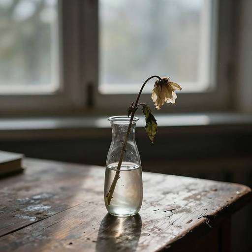 Photograph of a single, wilted white flower in a clear glass bottle, placed on a sunlit, weathered wooden table, with blurred windows