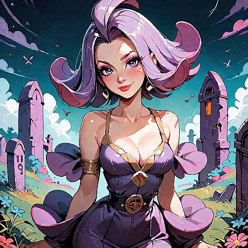 Curvy Purple-Haired Acerola in Graveyard