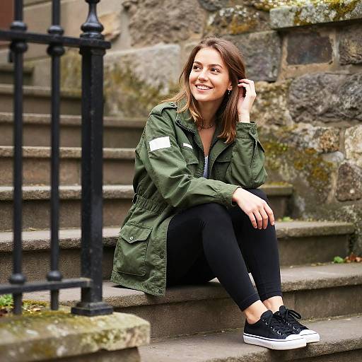 Smiling Young Woman on Stone Steps