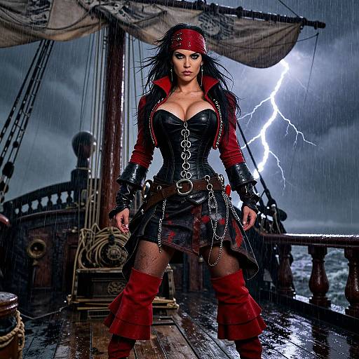 Photograph of a fierce, black-haired woman in a pirate outfit with red accents, standing on a stormy ship deck during a lightning storm.