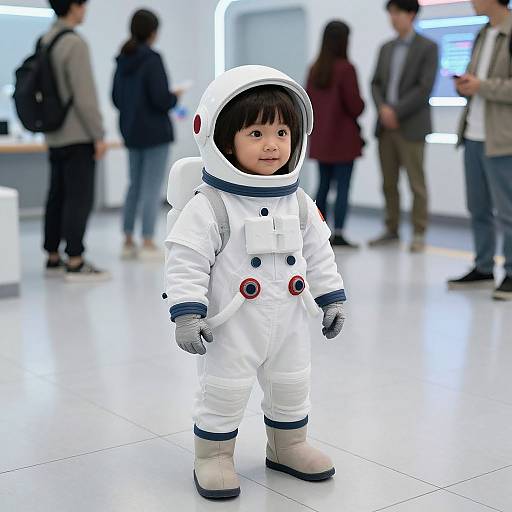 Photograph of an Asian toddler in a white astronaut suit with a helmet, standing in a brightly lit, modern mall. Blurred background shows four people