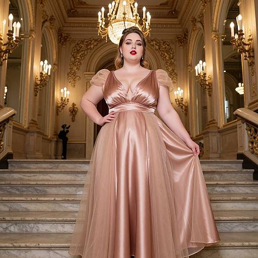 Photograph of a curvy, fair-skinned woman with red lipstick wearing a shiny, rose-gold ball gown, standing confidently on ornate,