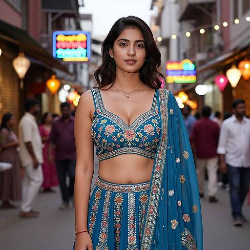 Photograph of a young South Asian woman with long black hair, wearing a blue traditional outfit with intricate embroidery, standing in a bustling, colorful street market