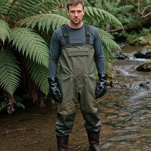 Photograph of a bearded man in green overalls, black gloves, and boots, standing in a forest stream with ferns.