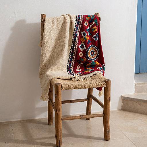 Photograph of a wooden chair with a beige knitted blanket and a colorful, patterned red and blue wool blanket draped over it, against a white