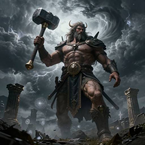 Digital art of a muscular, bearded Viking god with a hammer, standing under a stormy sky, surrounded by ruins and ancient columns.