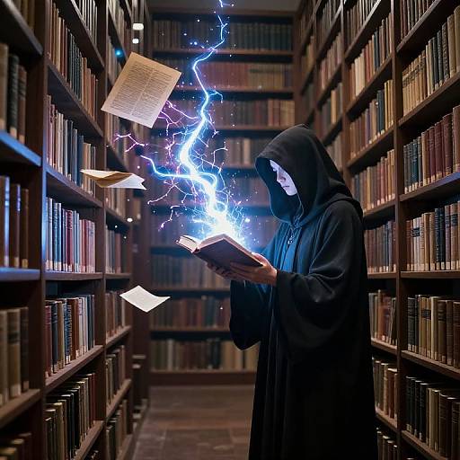 Photograph of a hooded figure in a black robe, conjuring blue lightning from an open book in a dimly lit, narrow library aisle filled