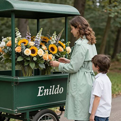 Photograph: Adult woman in green coat and boy in white shirt admire vibrant sunflowers and orange roses in a green Emilo flower cart in a forest