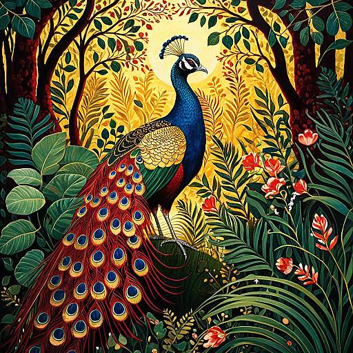 Lowbrow Art Crimson Peacock in Enchanted Jungle