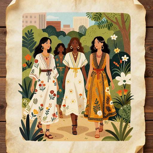 Bohemian Women in Floral Dresses in City Garden