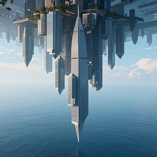 Digital artwork of futuristic skyscrapers floating above calm blue water, reflected below, with clear skies and city greenery on top.