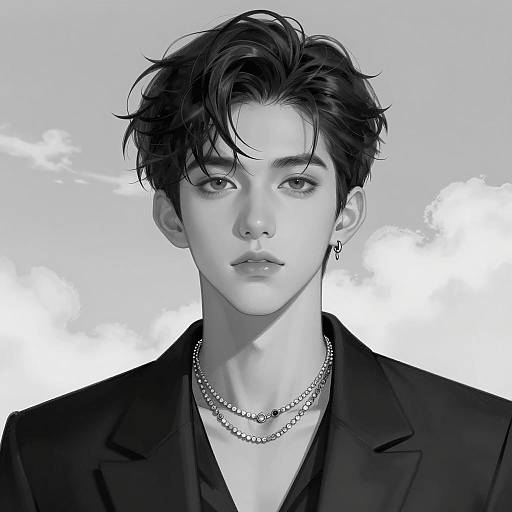 Black and White Portrait of Young Man with Wavy Hair