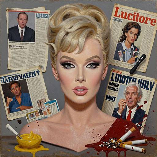 Digital artwork of a blonde woman with heavy makeup, surrounded by newspaper clippings, bloodstains, and scattered cigarettes and a yellow puddle.