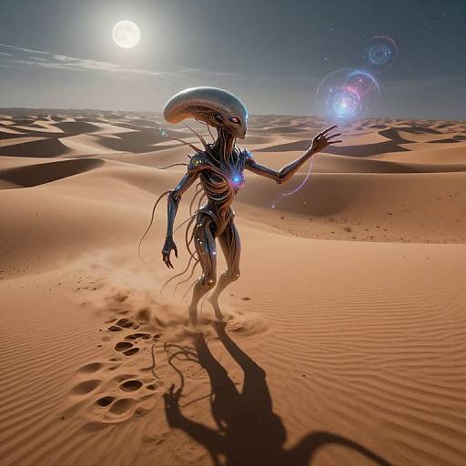 Digital artwork of a sleek, alien creature with a glossy, elongated head, glowing blue eyes, and translucent limbs, casting a shadow in a sun