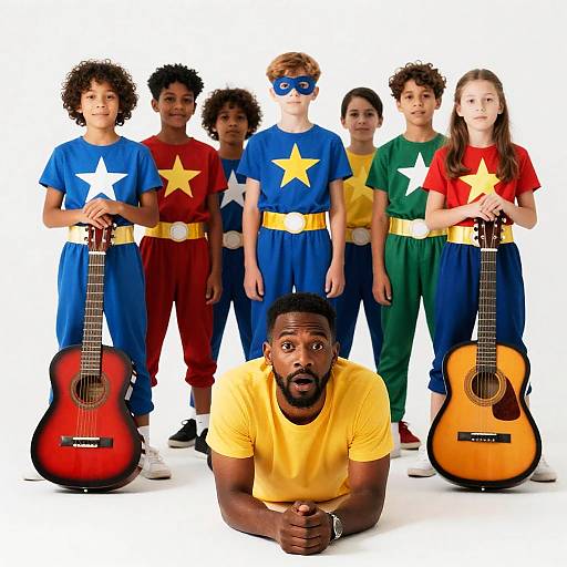 Surprised Man Surrounded by Superhero Kids