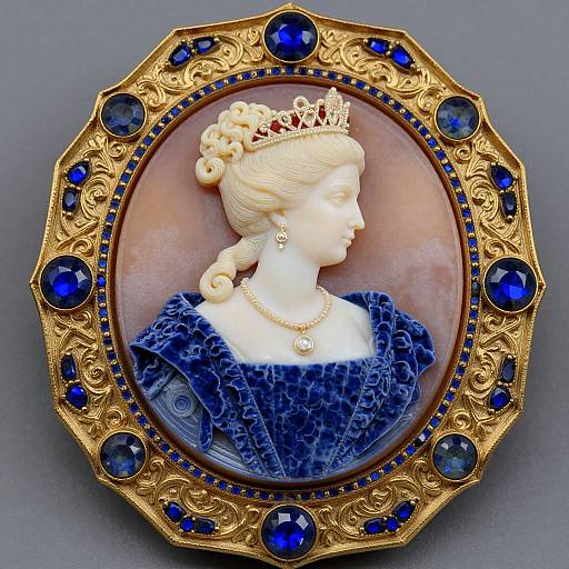 Photograph of an intricately carved, Victorian-style ivory brooch with a blonde woman in a blue lace gown, gold crown, and blue gems,