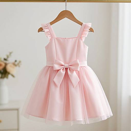 Photograph of a pink, sleeveless, tulle dress with a large bow at the waist, hanging on a wooden hanger in a bright,