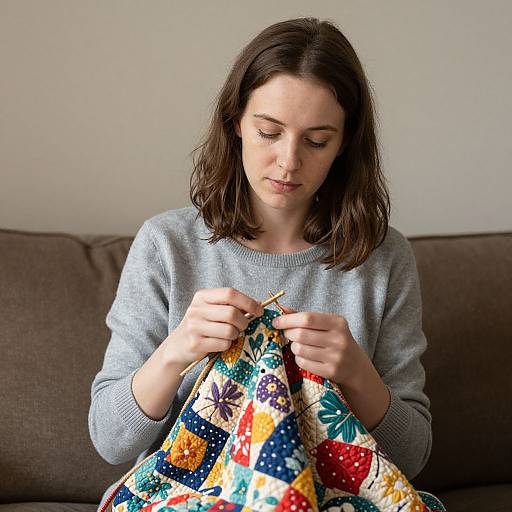 Photograph of a fair-skinned woman with shoulder-length brown hair, wearing a gray sweater, holding a colorful quilt with floral patterns, sitting on a