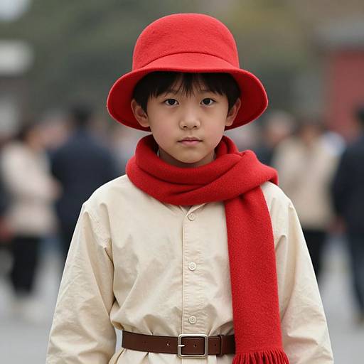 Photograph of an Asian boy with straight black hair, wearing a red hat, matching red scarf, and beige buttoned shirt, standing outdoors with blurred