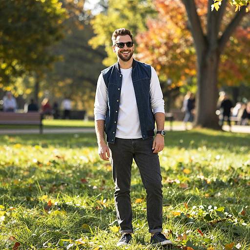 Photograph of a bearded man with dark hair, sunglasses, white shirt, black vest, and pants, standing in a sunlit park with autumn