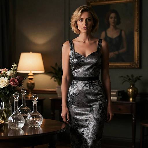 Woman in Elegant Silver Dress in Dimly Lit Room