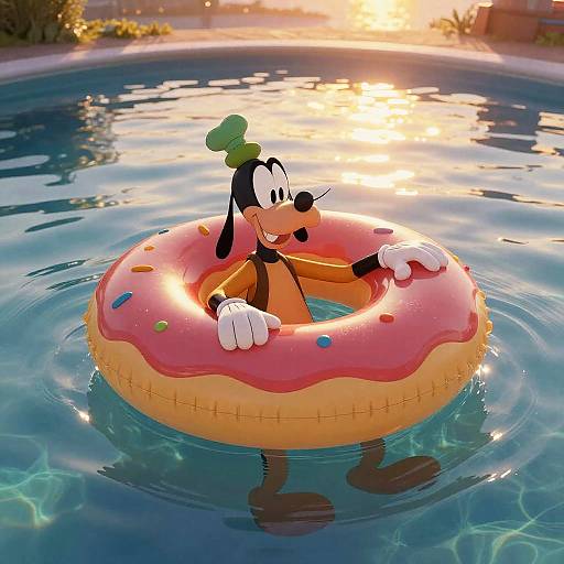 Disney's Goofy floating in a pink donut-shaped inflatable pool toy, wearing a green hat, in a sunlit, sparkling blue swimming pool