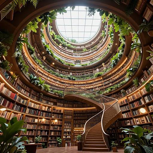 Photograph of a circular, multi-tiered library with lush greenery, a large skylight, and a spiral staircase surrounded by bookshelves