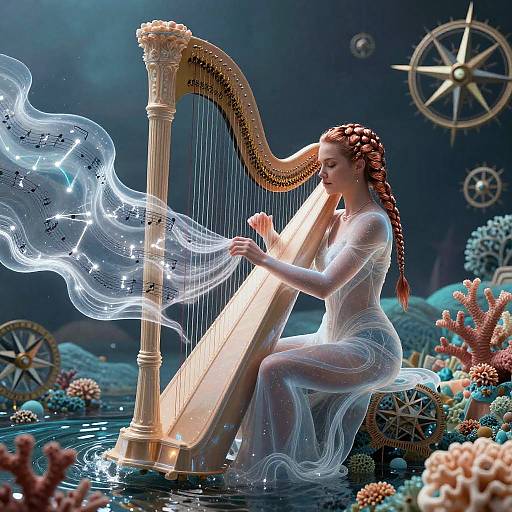 Ethereal Harpist Unfurling in Kaleidoscopic Sea