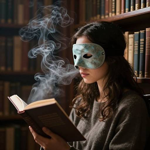 Photograph: Young woman with long brown hair, green mask, dark gray sweater, reading book emitting wisps of smoke, surrounded by bookshelves