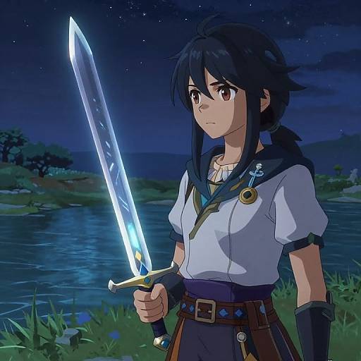 Anime-style drawing of a young woman with black hair, holding a glowing blue sword, standing by a nighttime river.