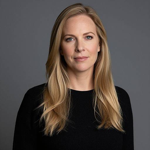 Photograph of a fair-skinned woman with long, straight blonde hair, wearing a black sweater, against a plain gray background.