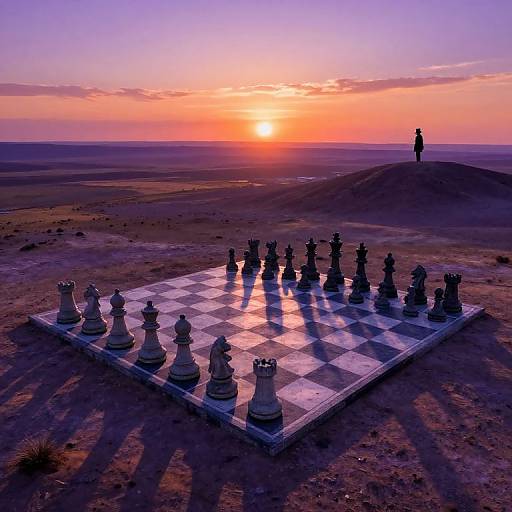 Photograph of a chessboard on a desert plain at sunset, with silhouetted figure on a hill, colorful sky, and shadowed chess
