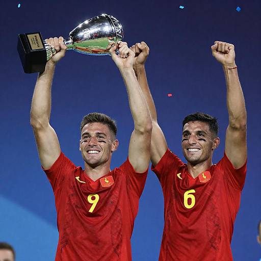 Soccer Players Celebrating Victory with Trophy